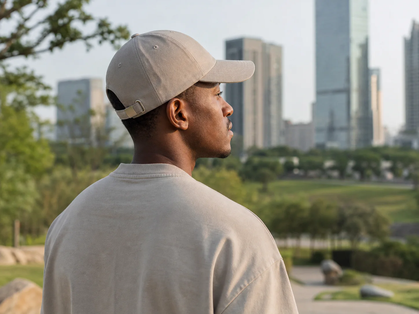Adult wearing a stone unbranded cap